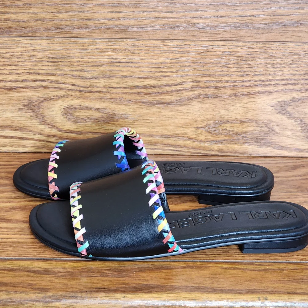 Karl Lagerfeld Paris Women's Black Cenie Whipstitch Slide Sandals Size 10